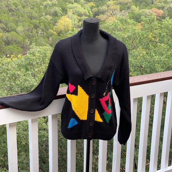 Alberoy Sweaters - Vintage Alberoy Black Cardigan Sweater Geometric Print